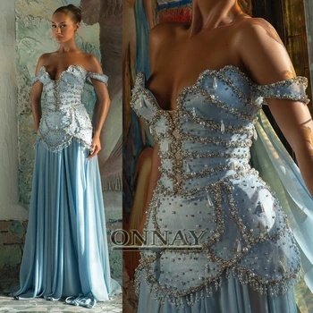 Customized Sexy Blue Pearls Evening Dresses Long for Women Maxi Crystals Dubai Saudi Vestidos De Fiesta Bespoke Gala Gown Plus 1