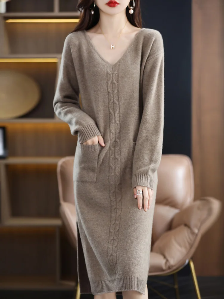 

100 Merino Wool Dress Women's V-neck Long Dress Autumn and Winter Fashion Knitted Knee Twisted Dress Large Pullover Sweater