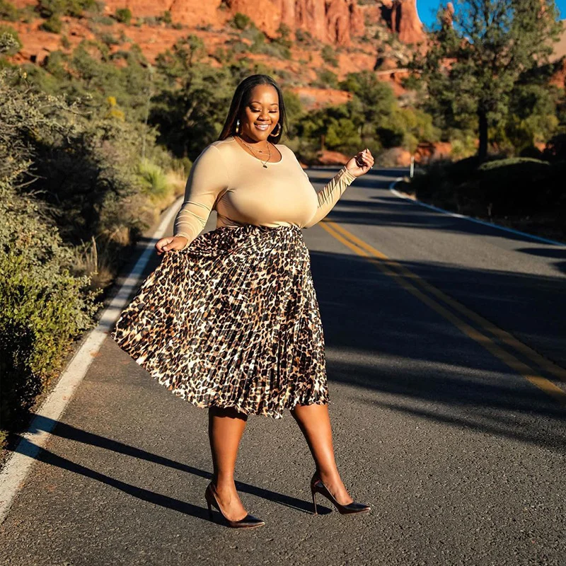 

Plus Size Large Women's Dress Spring And Summer Temperament Fashion Pleated Leopard Rubber Skirt Loose Casual Female Clothes
