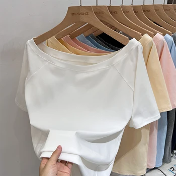 2025 الصيف قبالة الكتف تي شيرت المرأة مثير Y2K الكورية بلوزات على الموضة امرأة خمر مائل الرقبة فضفاض تي شيرت فام الملابس