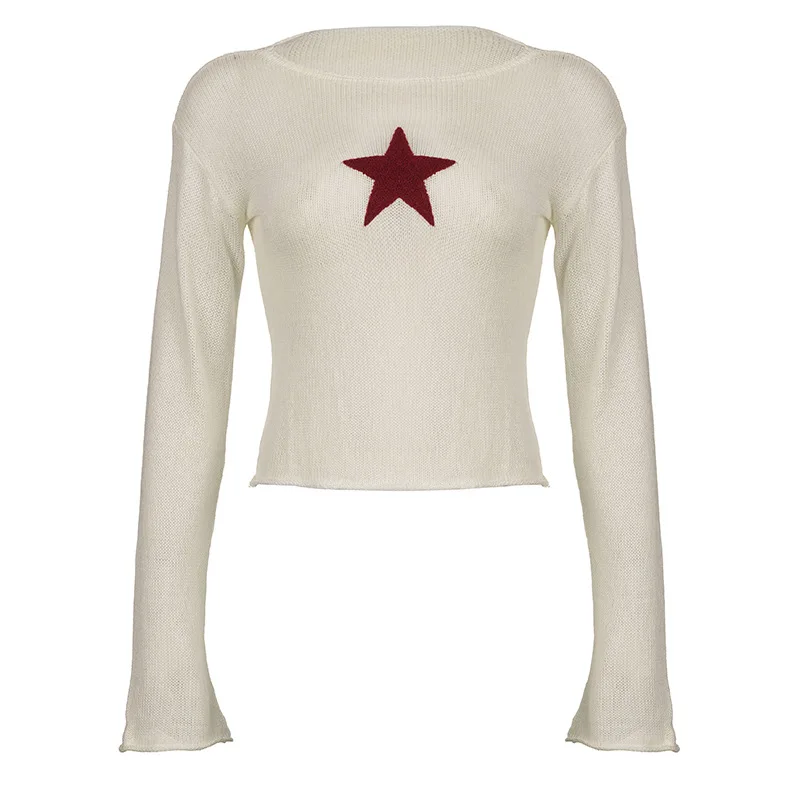 

See Through Star Patchwork Loose Casual O Neck Roupas Femininas Chic Fashion Knitted Tops Women Long Sleeve Sexy T-shirts