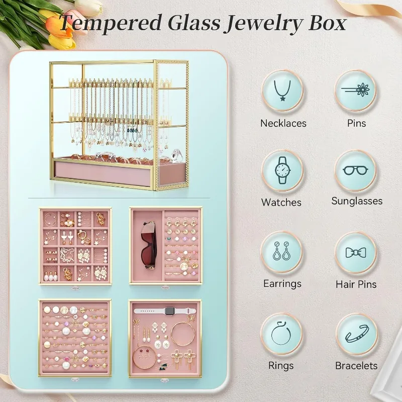Jewelry organizer box-Tempered Glass 5-Drawer jewelry boxes for women, Large Jewelry Boxes 2