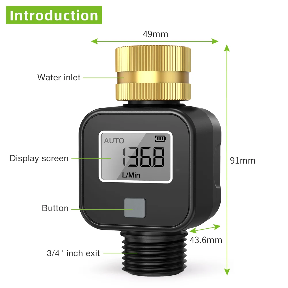 Digitaler Wasserdurchflussmesser, Messing-Einlass, Auslass, IPX5, wasserdichter Wasserverbrauchstest für die Bewässerung von Bewässerungsschläuchen im Freien, Garten – Detail 21
