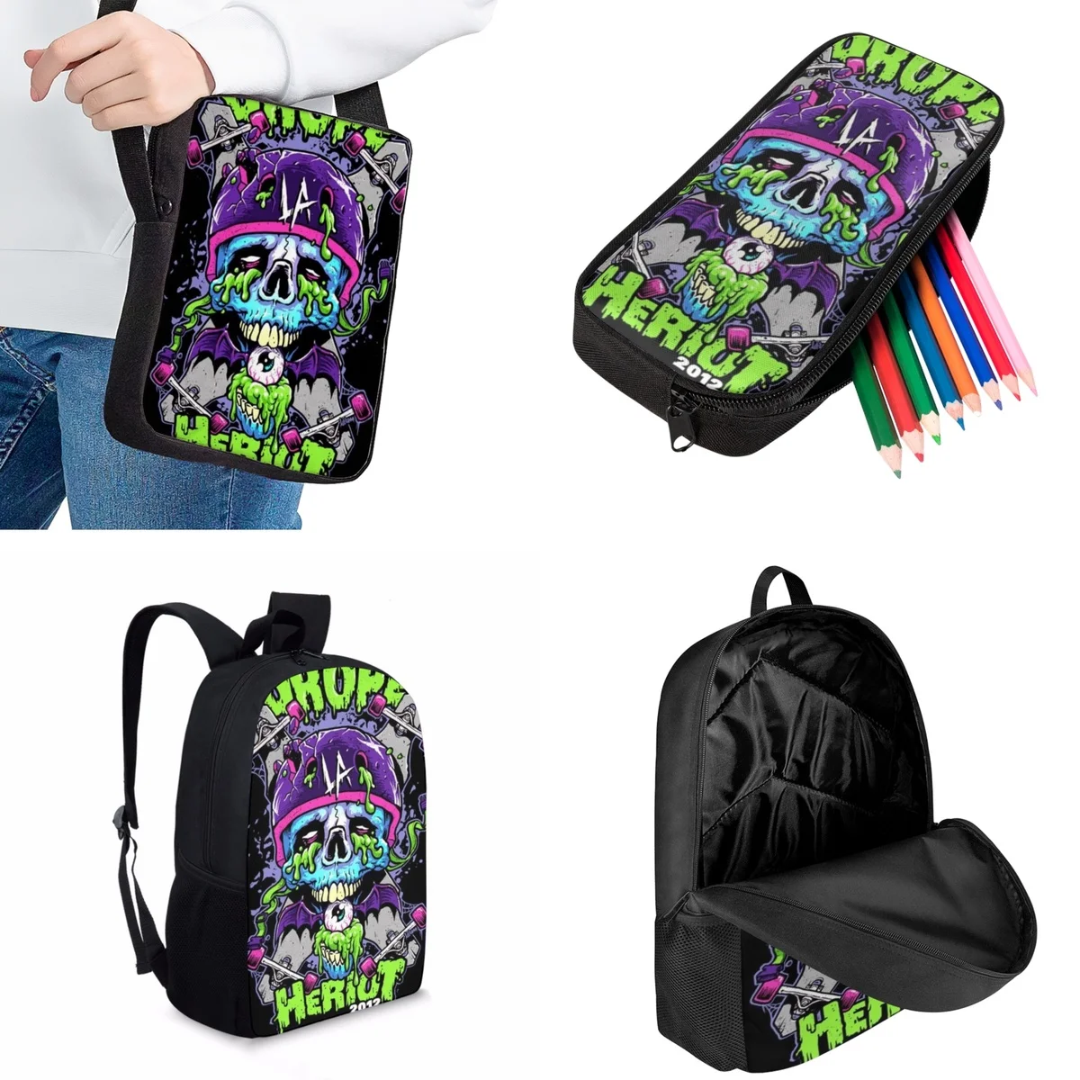 Jackherelook Cool Skull Pattern Boys School Bag Set Lunch Bag Fashion Casual Travel Backpack For Kids Teenagers Trend Book Bags