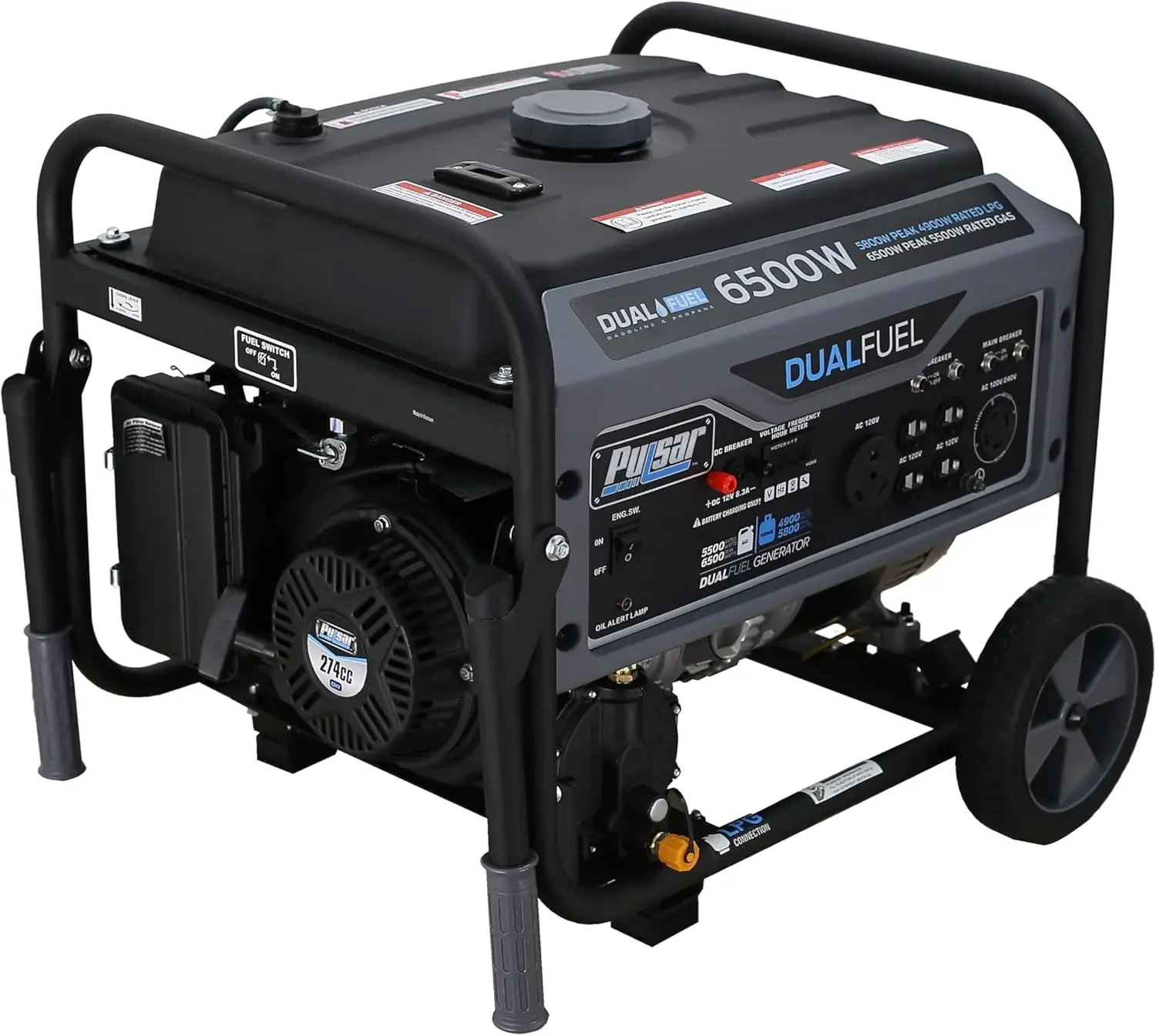 Portable Gas and LPG Dual Fuel Generator 5500 Rated 6500 Peak Watts, RV Ready, CARB Compliant, Black&White