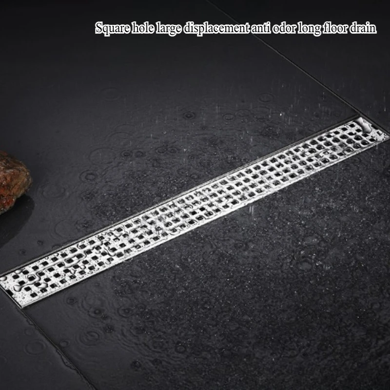 ห้องน้ํา 304 ท่อระบายน้ําสแตนเลสทรงสี่เหลี่ยม รูสี่เหลี่ยมหนา ดิสเพลสเมนต์ขนาดใหญ่ ท่อระบายน้ําพื้นยาวป้องกันกลิ่น 1