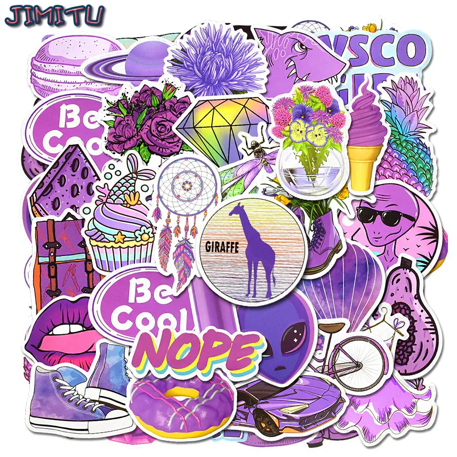 50 PCS VSCO Girl Stickers Purple Cartoon Kawaii Vinyl Decals Sticker Pack for Laptop Luggage Skateboard Bicycle Guitar Kids Toys