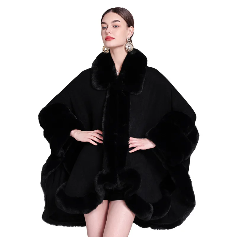 8 Colors Autumn Winter Three Circles Faux Fur Poncho Cloak Turn-down Neck Big Pendulum Loose Cape Out Streetwear Long Coat