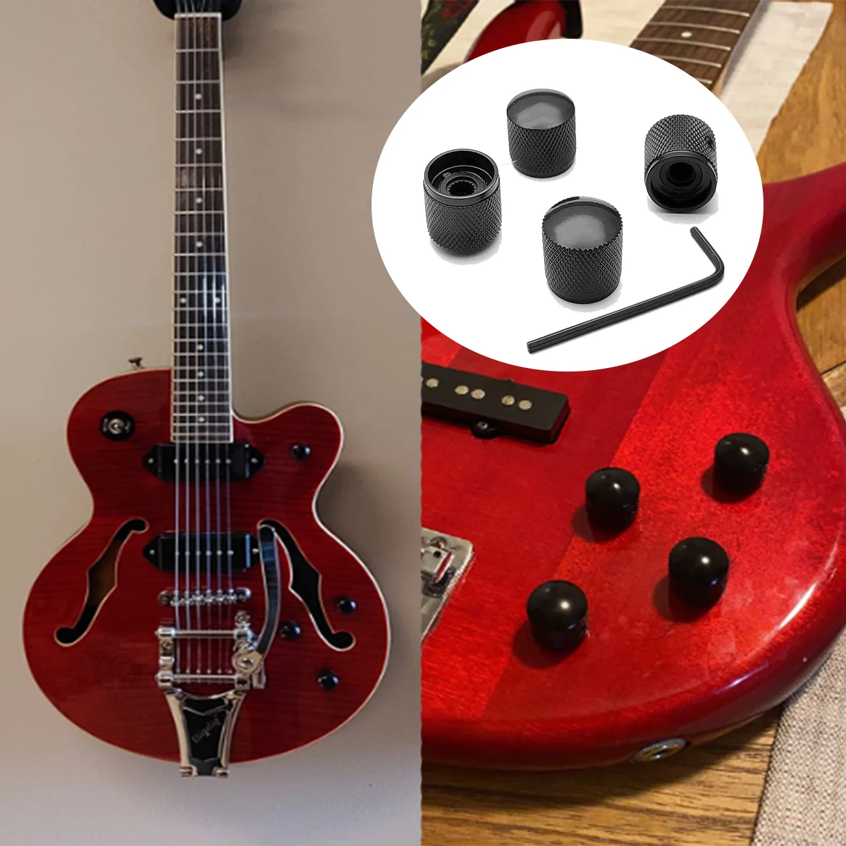 4 Manopole Nere Per Controllo Volume/tono Chitarra Elettrica/basso - Con Anello In Gomma - 3
