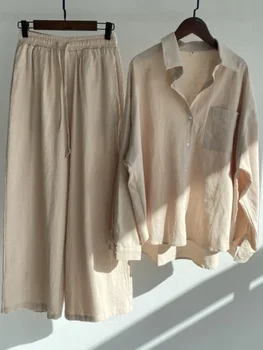 2024 Summer New Trend Cotton and Linen Shirt Suit High Waist Loose Trousers Elegant Women Sets Two Piece Set for Women 1