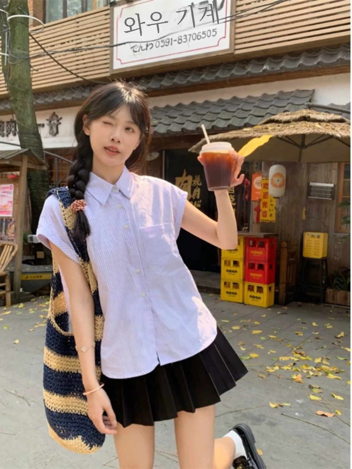 한국어 스타일 간단한 스트라이프 폴로 칼라 셔츠 여성 여름 2024 새로운 패션 캐주얼 다목적 루즈 피트 반팔 탑  Best5