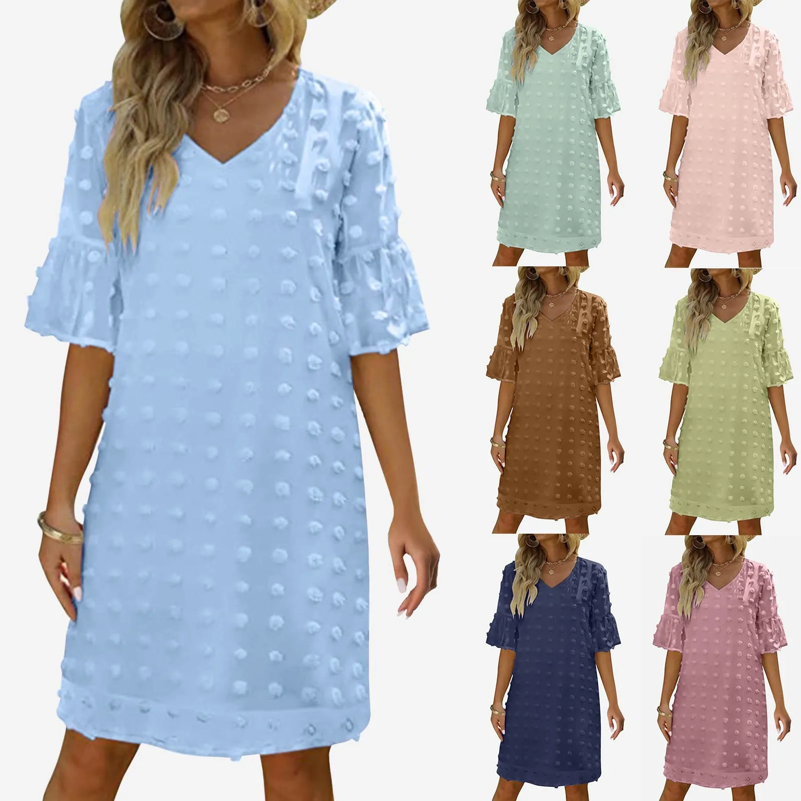 

Женское короткое шифоновое платье в горошек, с коротким рукавом и V-образным вырезом