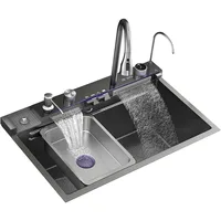 Black Gray Kitchen Sink Multi-Function Smart Kitchen Sink Digital Display Embossed Stainless Steel Raindance Waterfall Sink 1