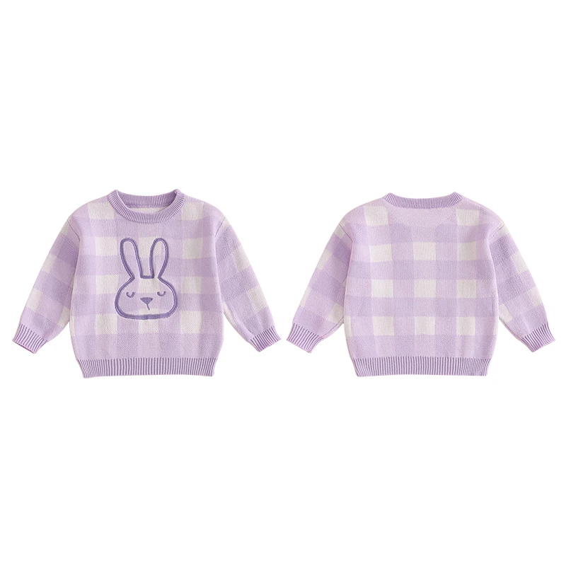FOCUSNORM 0–3 Jahre schöner Baby-Pullover für Jungen und Mädchen, 2 Farben, Kaninchen-Stickerei, karierter Druck, langärmelig, Rundhals-Strickpullover – Detail 6