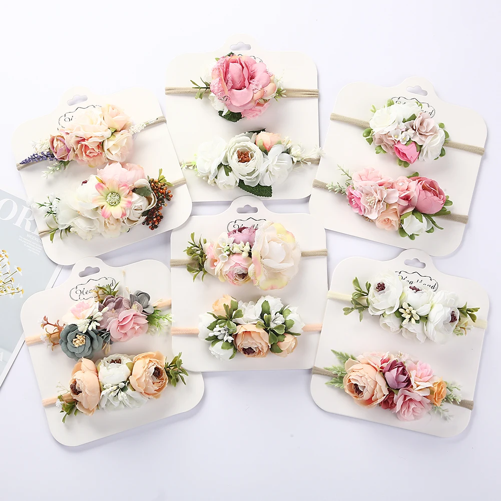 2Pcs/Card Flower Baby Headband Newborn Boy Girl Elastic Artificial Fake Floral Nylon Hair Bands Kids Photography Props Headwraps flower crown headband baby girl haar accessoires kids lace pearl beach diademas hair band thin nylon newborn photography props