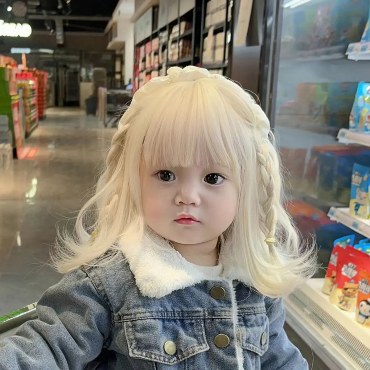 

Children's synthetic wig, women's medium length curly hair, baby's foreign style short style fluffy air bangs doll