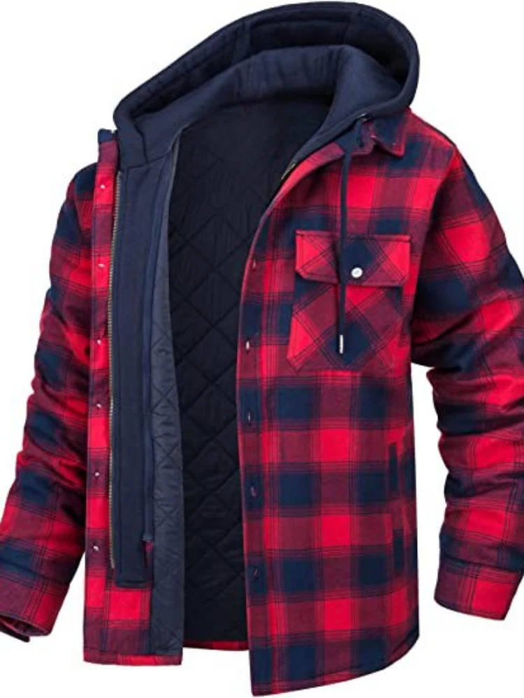 Plaid Cotton Jacket with Hood, Men's Loose Fit Coat for Outdoor Activities