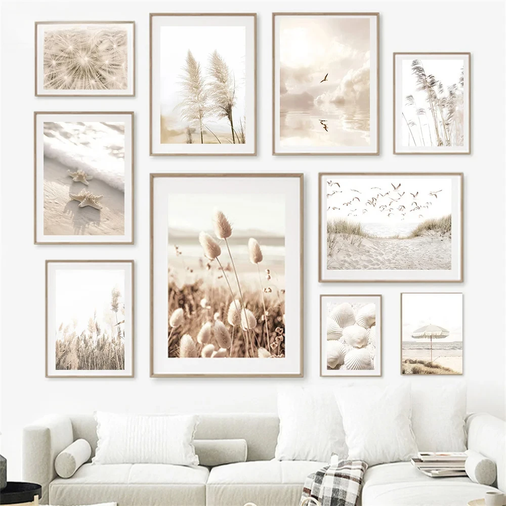 

Lake Beach Landscape Picture Canvas Painting Wall Art Bohemia Beige Grass Flower Reed Poster and Print Home Living Room Decor