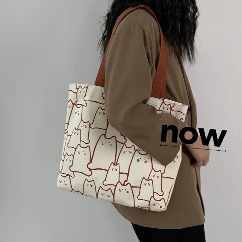 2022 Canvas Bags Handbag for Women Shopper Tote Bag Fashion Designer Bag Japanese Style Cartoon Cute Cats Small Eco Shoulder Bag