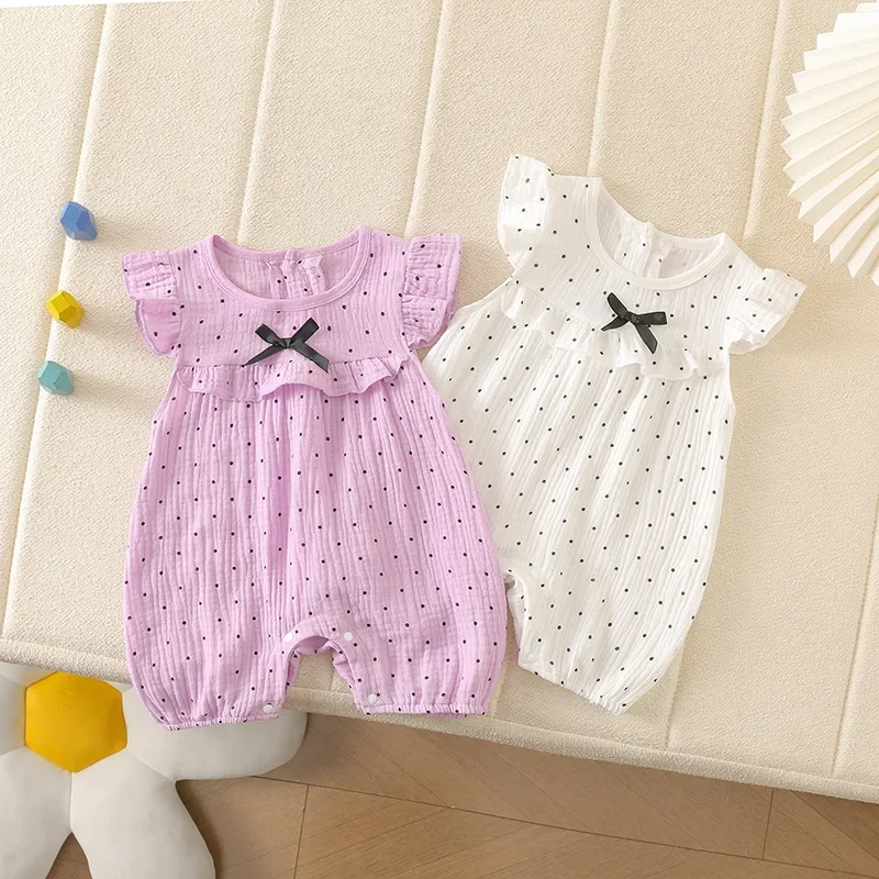 2026 Summer Baby Clothes Girls Dot Bow Romper 0-24M Newborn 100% Cotton O-neck Flutter Sleeve One Piece Bodysuit 1