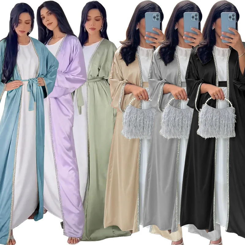 Saudi Arabia Hot Diamond Islamic Long Dress Modern Fashion Satin Soft And Beautiful Waist Wrapped Robe White Laydown Abaya