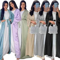 Saudi Arabia Hot Diamond Islamic Long Dress Modern Fashion Satin Soft And Beautiful Waist Wrapped Robe White Laydown Abaya