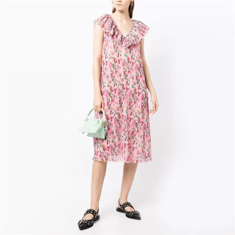 

2024 New Summer Sweet Floral Dress Hot Selling Women's Fashion Chiffon Sleeveless Mid-calf Ruffled V-Neck Loose Vestidos cute