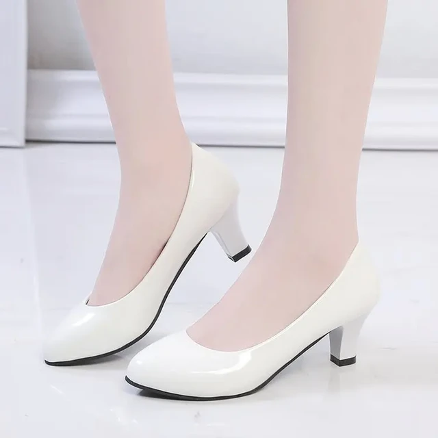 Women's Leather Med Heels New High Quality Shoes Classic Black&White Pumps  for Office Ladies White High Heels Red Sexy Heels 566 - AliExpress