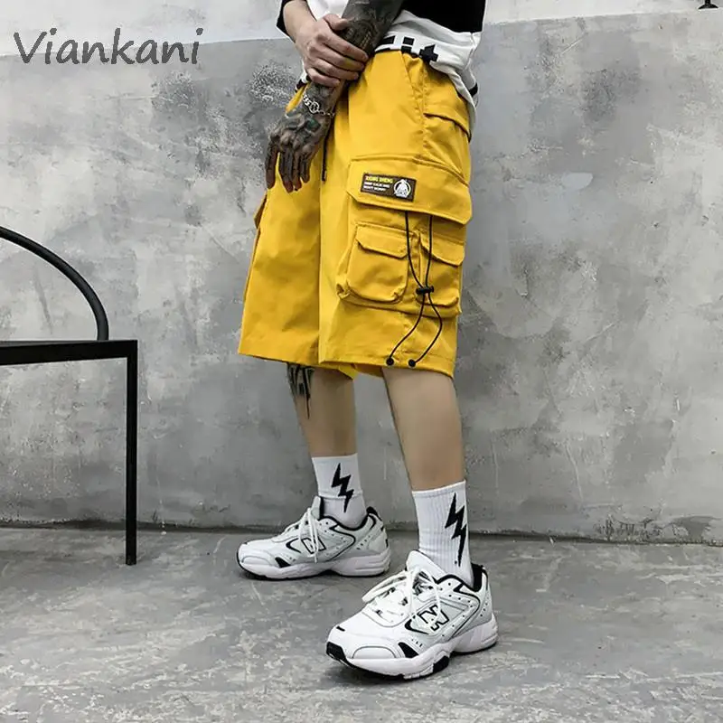 

Summer Cargo Shorts Man New High Street Casual Hip Hop Shorts Harajuku Multi Pockets Drawstring Shorts Yellow Red Black Homme
