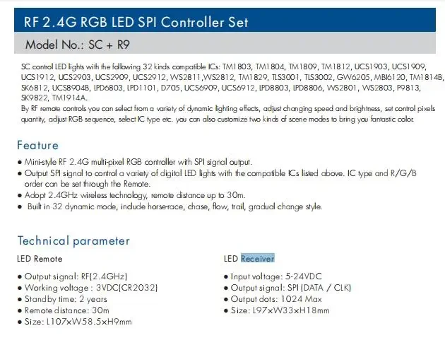 Description Picture 3 of itemSC+R9 Set Skydance 5-24V DC RF SPI Led Strip Controller Pixel Receiver For Ws2801 Ws2812 Ws2811 Sk6812 1903 RGB / RGBW LED Lamp
