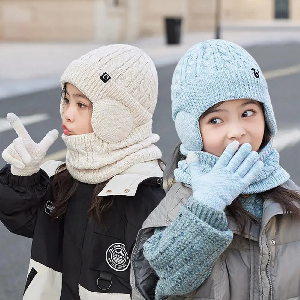 Fleece Lined Children's Hat Neck Scarf Gloves Set Winter Warm Kids Earflap Beanies Thick Ear Protection Skull Caps