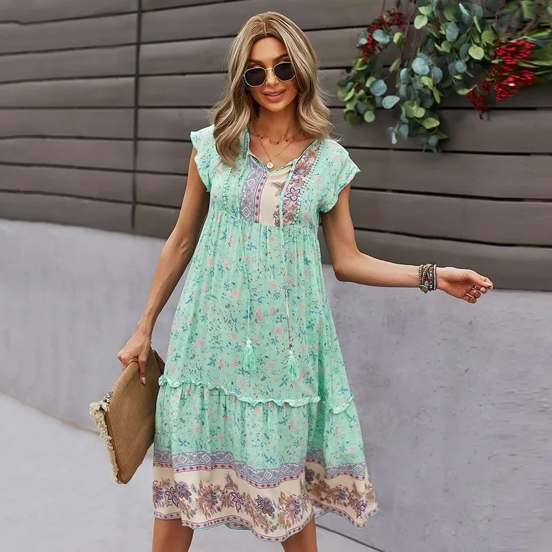 

Bohemia Floral Dress Summer Women V-Neck Short Sleeve Printed A-Line Dress Orange Ethnic Style Casual Commute Clothing Blue Robe