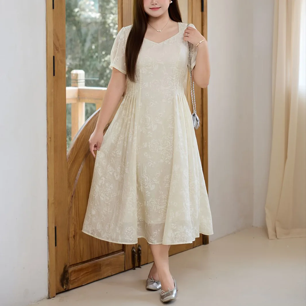 Square Collar Pleated Waist Embossed Chiffon Dress Plus Size Women Summer Premium French Commuter Puff Sleeve A-Line Dresses