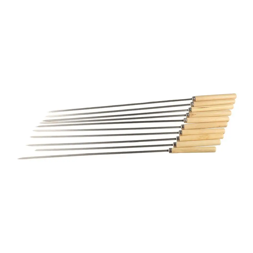 10pcs/set Wooden Handle Flat Barbecue Skewers Anti-scald Anti-slip Stainless Steel Barbecue Stick 35cm Reusable