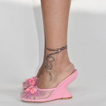 Fashion Women Summer Wedges Mesh Shoes For Woman's Flower Round Toe Slip-On Hollow High Heeled sandals Mujer Party Wedding Pumps 1