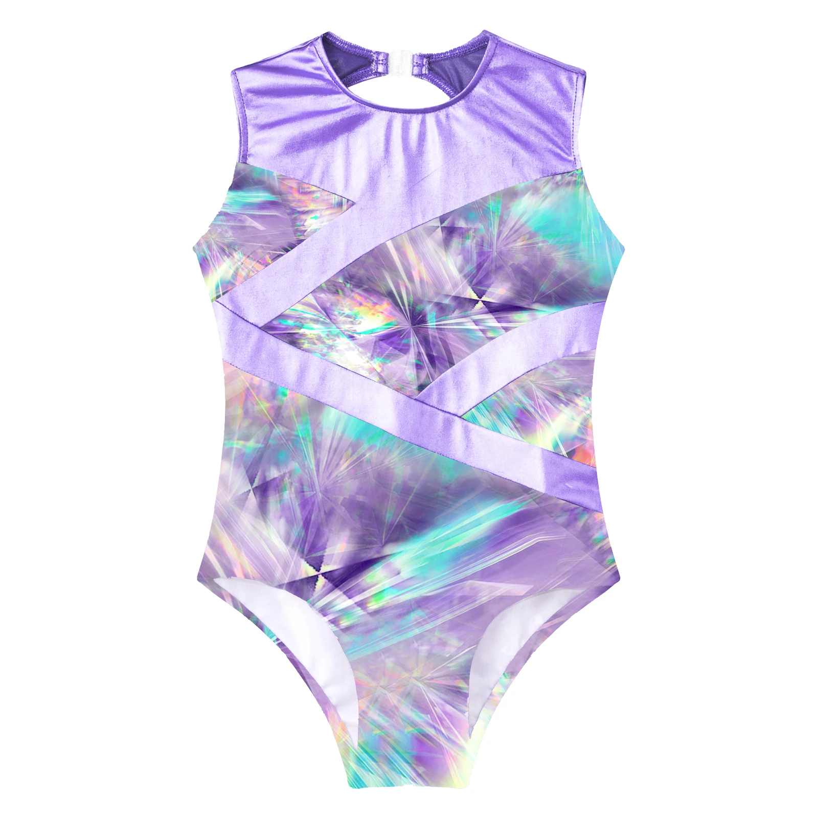 Kids Girls Printed Metallic Patchwork Ballet Dance Gymnastics Leotard Sleeveless Gymnastic Jumpsuit for Girls Skating Bodysuit