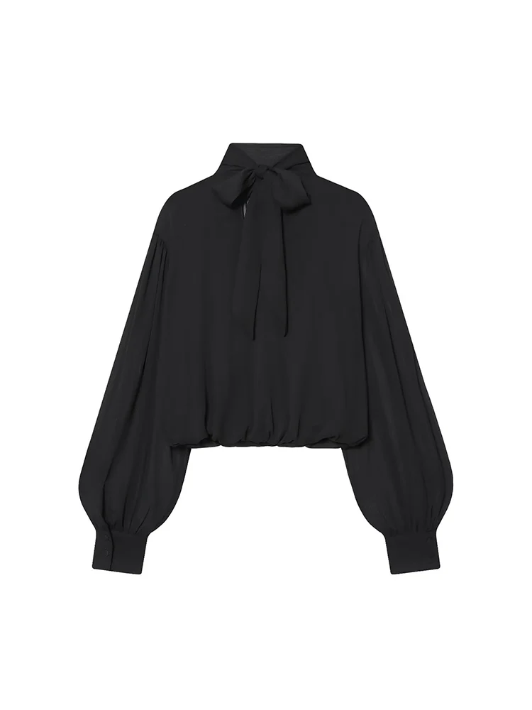 Spring New Women Shirt Chic Lace Up Halter Collar  Fashion Elegant Long Sleeve Tops Solid Female Sexy Sheer High Street Blouse