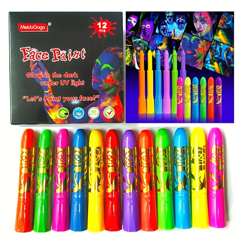 12 Color Luminous Face Painting, Human Body Painting, Facial Painting, Halloween Water-Based Crayon, Holiday Makeup Paint