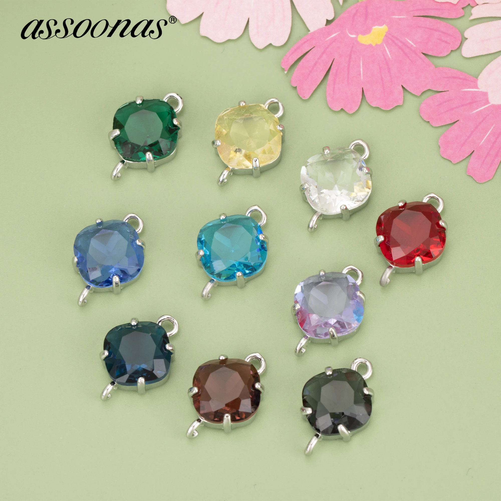 

(MB20) 10pcs 11x11MM High Quality Rhodium Plated Copper and Glass Charms Pendants Diy Jewelry Findings Accessories