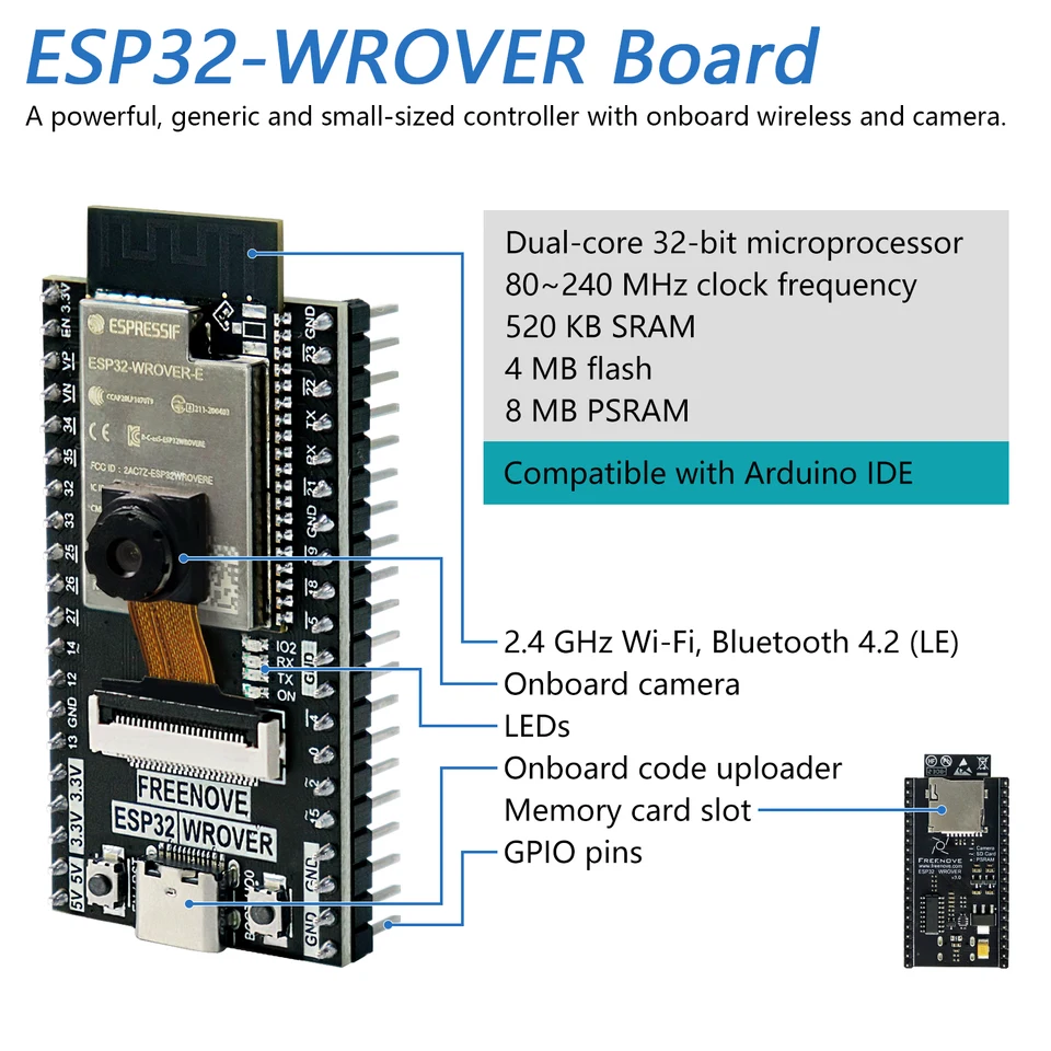 Freenove ESP32-WROVER CAM ワイヤレス ボード、デュアルコア 32