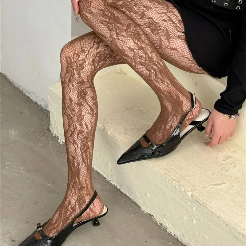 Spicy Girl Style Flower Mesh Socks Colorful Embroidered Hollow Out Women's Pantyhose Sexy Vintage Lace Long Socks