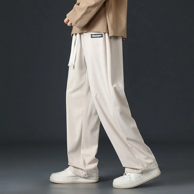 Korean Fashion Autumn Sports Casual Wide Leg Pants Men Solid Patchwork Drawstring Pocket Loose Versatile Trend Straight Trousers