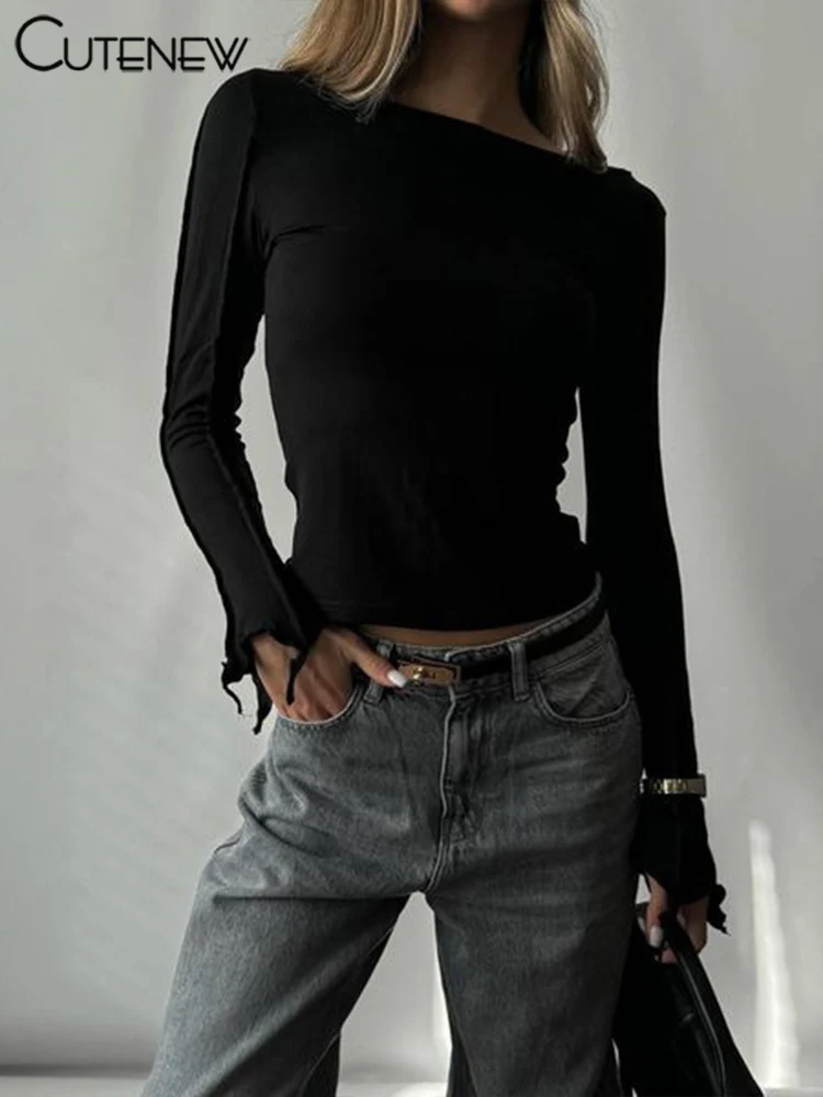 Camisetas clásicas salvajes para mujer, tendencia de otoño, nuevas camisetas ajustadas con cuello redondo y manga larga lisas, camisetas básicas de calle para mujer, nuevas camisetas diarias