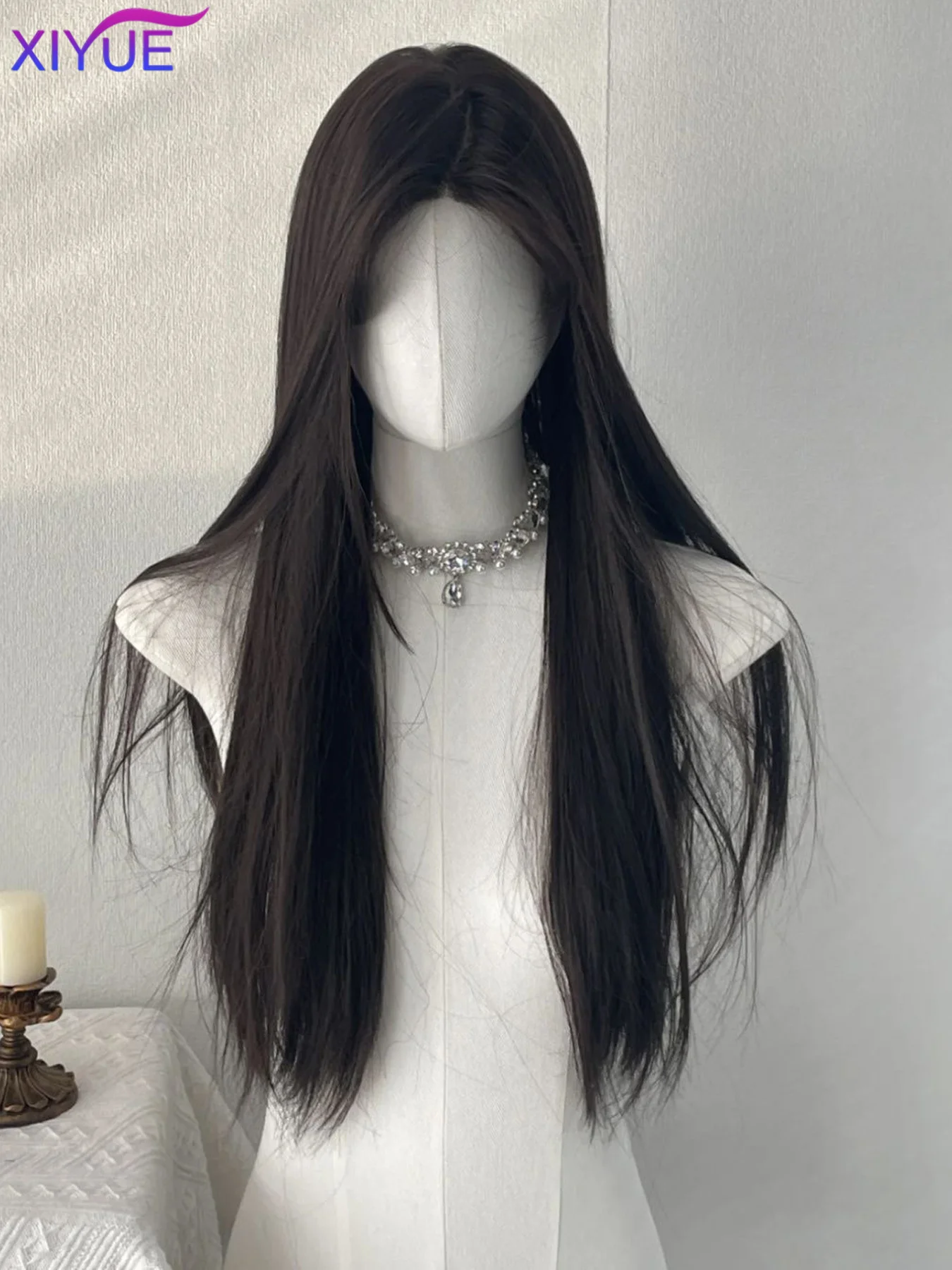XIYUE Long Straight Black Synthetic Wig For Woman With center part black Cosplay Lolita Wigs Heat Resistant Natural Hair