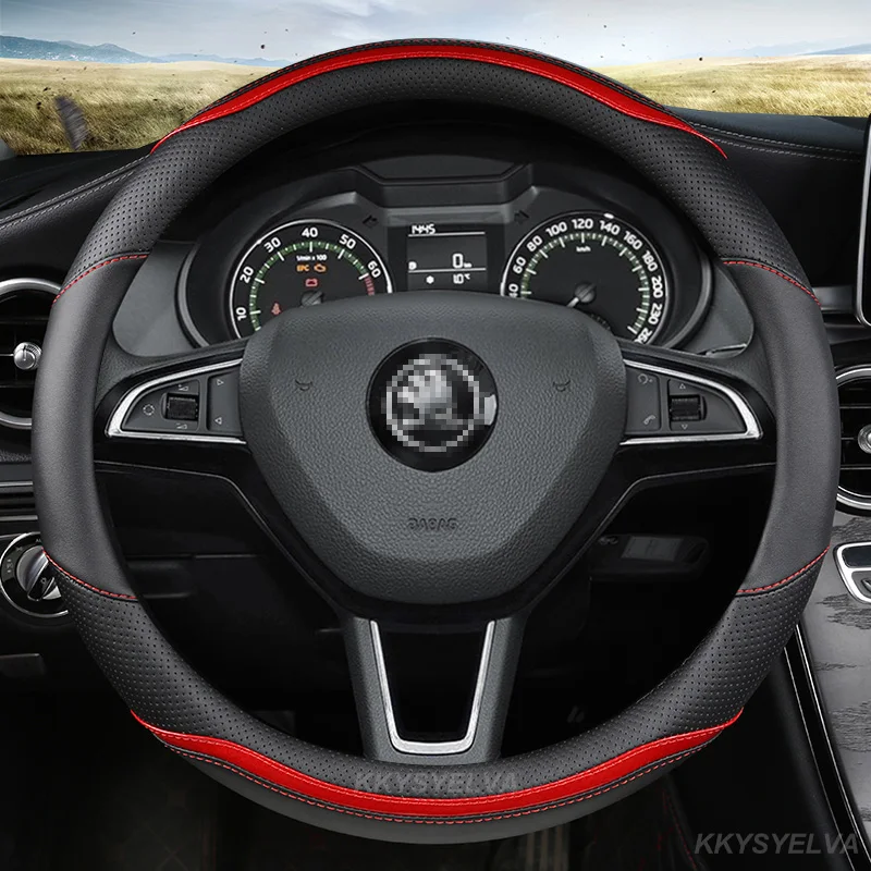Carbon Fiber+ Leather Car Steering Wheel Cover 38Cm For Skoda Octavia A5 A7 Rs Octavia 2 3 Combi Auto Interior Accessories