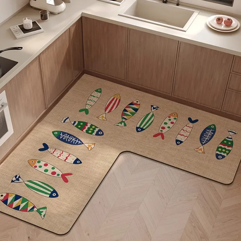 L-shaped Corner Kitchen Carpet Cartoon Minimalist PVC Floor Mat Fish Pattern Waterproof Oil-proof Rug Non-slip Easy-care Mats IG 4