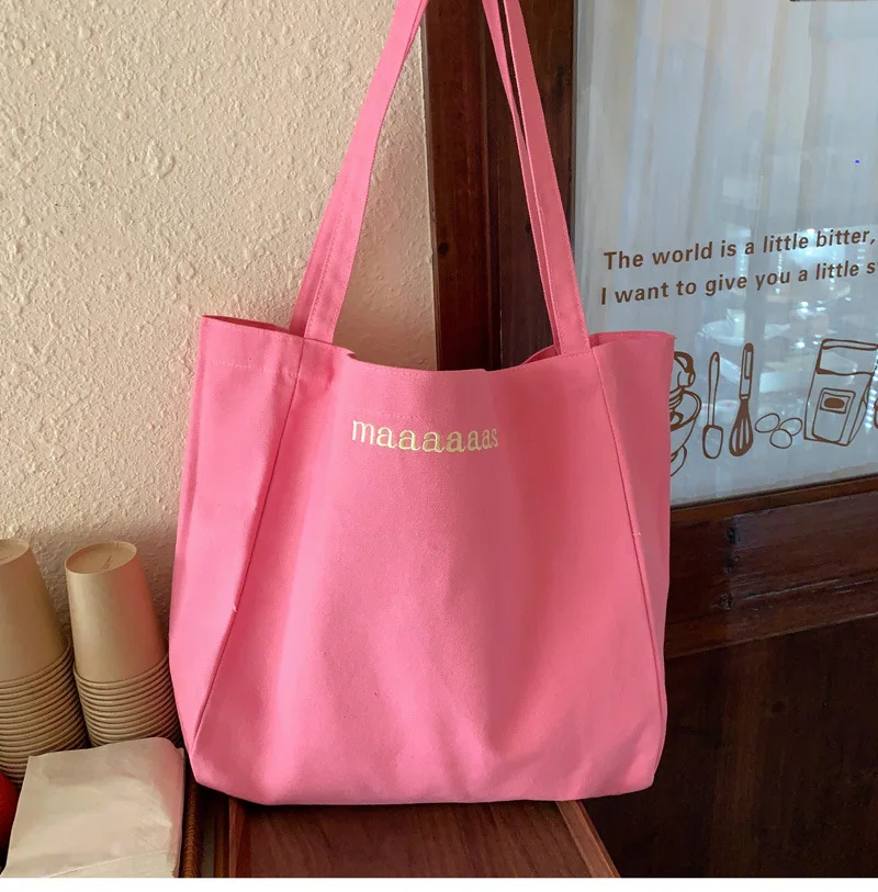 

Cute Candy Color Shoulder Canvas Bag Causal Embroidery Letters Women Handbag Student Books Tote Bag Simple Reusable Shopping Bag