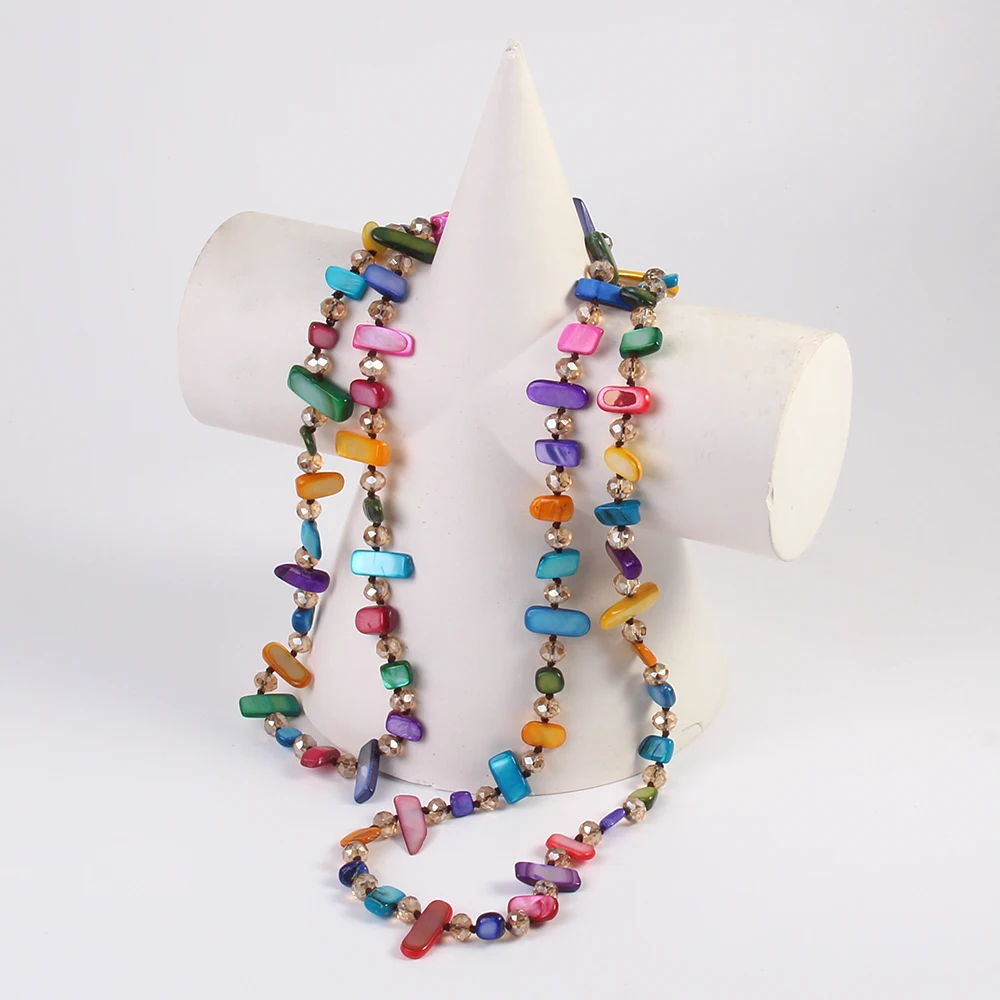 Fashion Bohemian Long Knot Necklace Rainbow Colorful Irregular Shell Glass Necklace Sweater chain 2 Layer women necklace men necklace