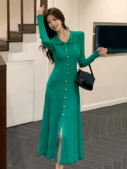 Vestiti delle donne Lavorato a maglia Risvolto Monopetto Skinny Fishtail Abito lungo Maglione Casual Elastico Robe Mujer Abiti Autunno Inverno 1