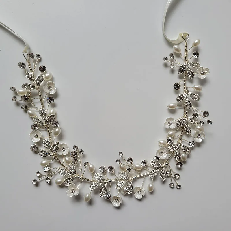 SLBRIDAL Handmade Rhinestones Crystal Pearls Floral Leaf Bridal Wedding Tiara Headband Headpieces Women Jeweley Hair accessories